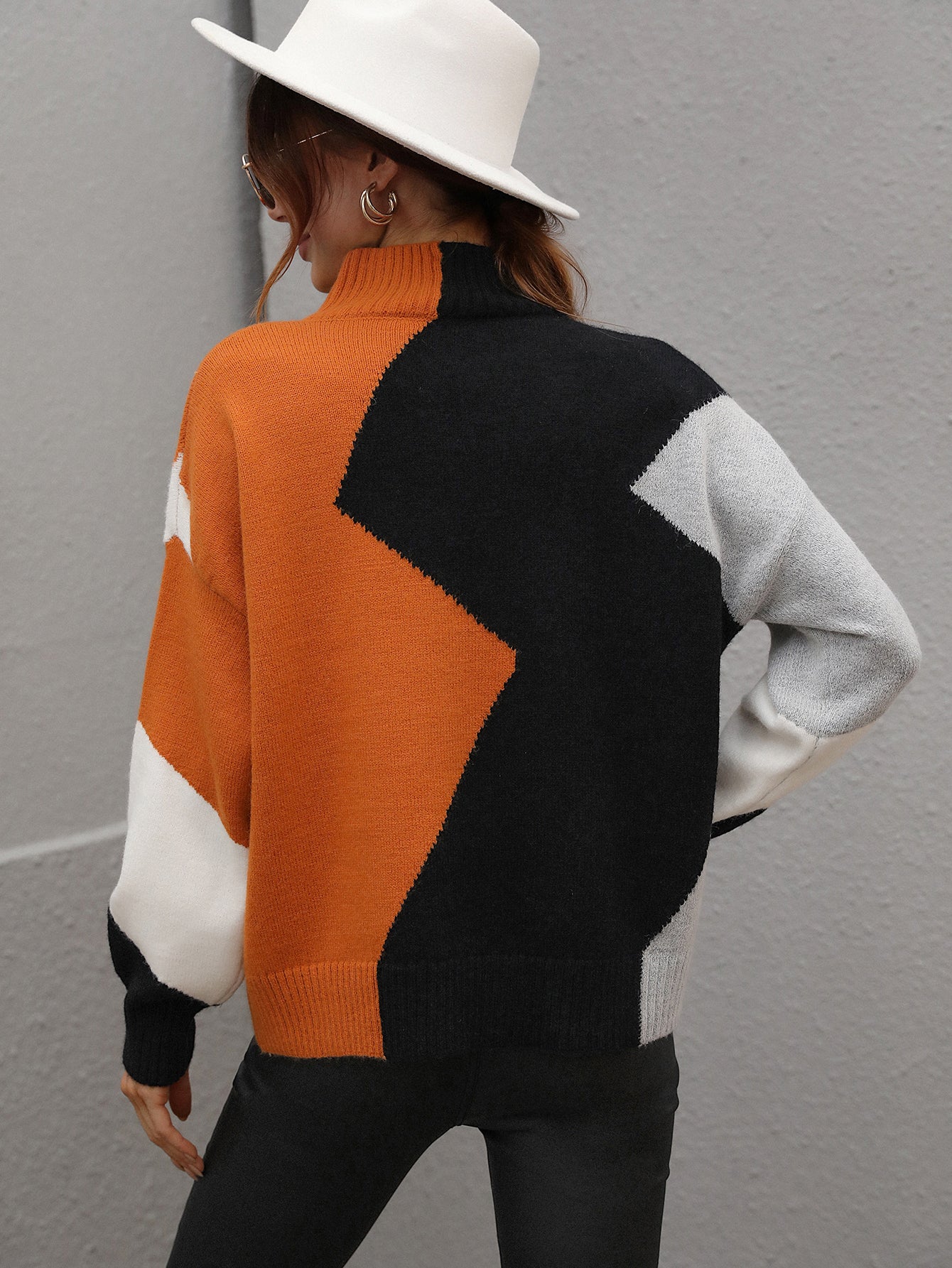 Autumn Winter Loose Color-Block Crew Neck Knitwear Women Pullover Sweater Women