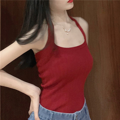 Halter Sleeveless Wine Red White Neck Bow Design Vest for Women