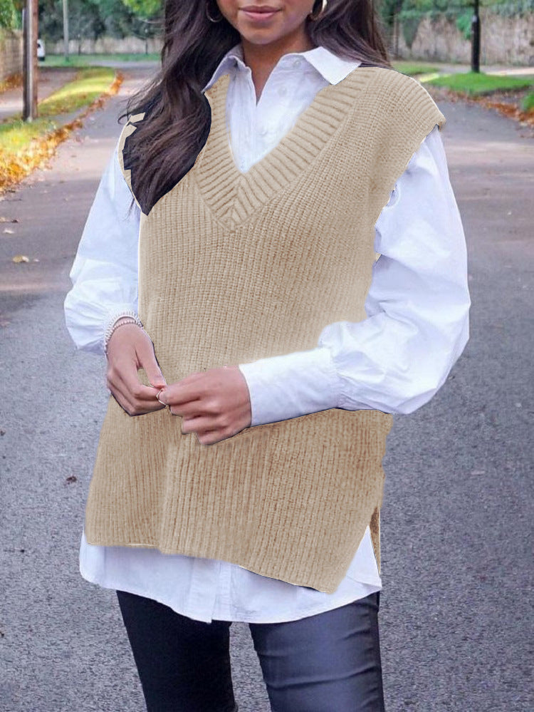 Women Knitting Waistcoat Loose Solid Color V-neck Women Upper Sweater