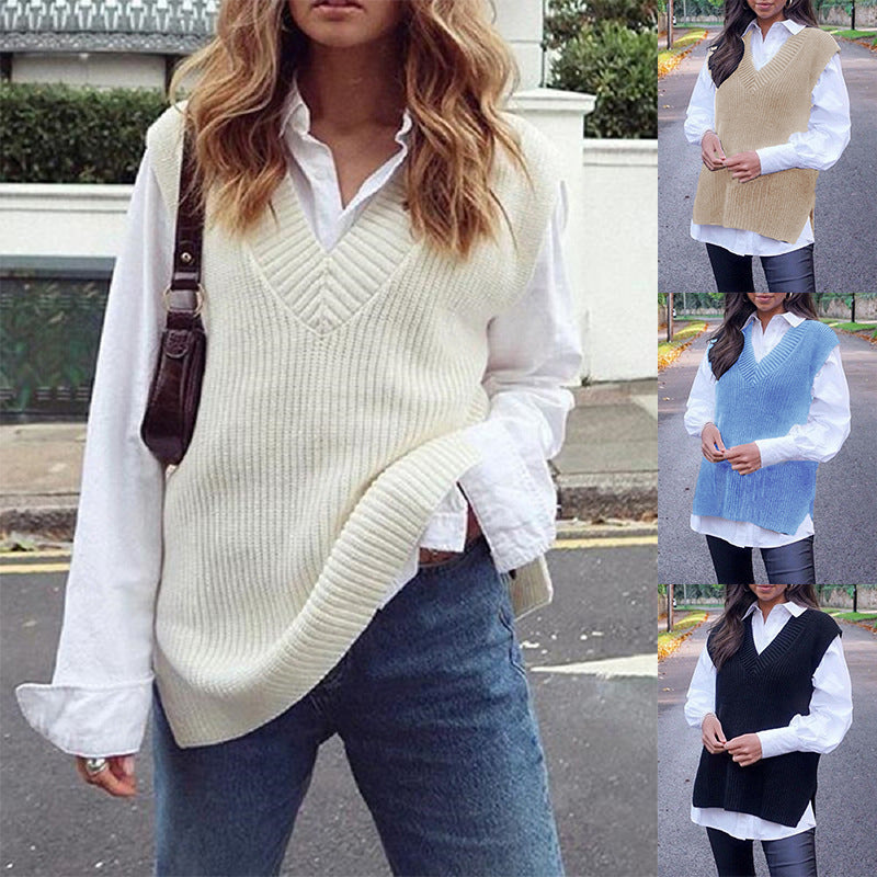 Women Knitting Waistcoat Loose Solid Color V-neck Women Upper Sweater