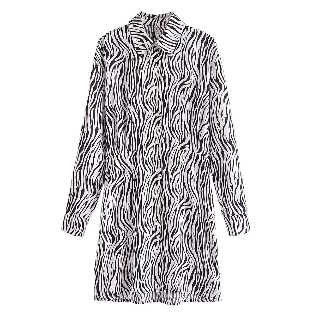 Spring Summer Women Clothing Collared Single Breasted Long Sleeve All-Match Zebra Print Dress