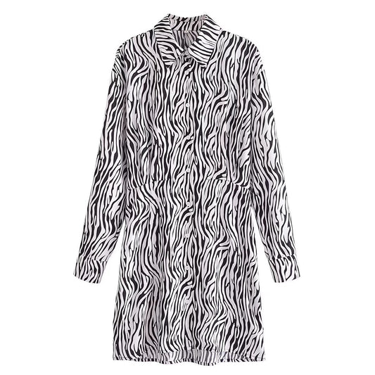 Spring Summer Women Clothing Collared Single Breasted Long Sleeve All-Match Zebra Print Dress