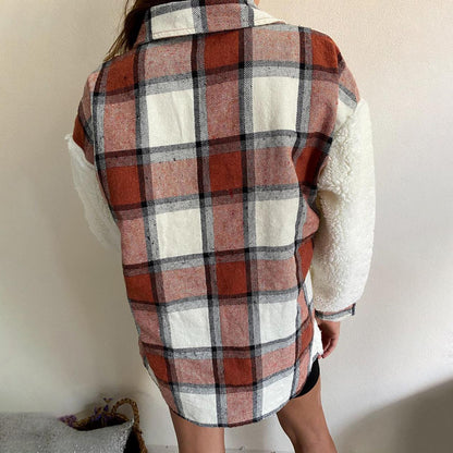 Women Jacket Berber Fleece Coat Christmas Red Plaid Varsity Jacket Shacket Coat Winter Women Autumn Winter