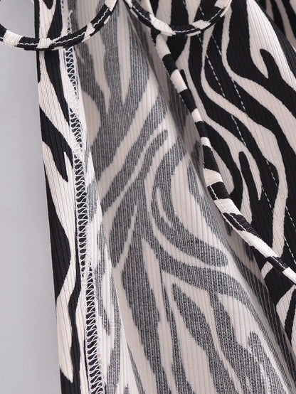 Summer Women Zebra Print Short Knitted Top Mid-Length Dress Set