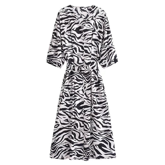 Women Clothing Personalized Slim-Looking Waist Trimming Zebra Pattern Lace-up Dress