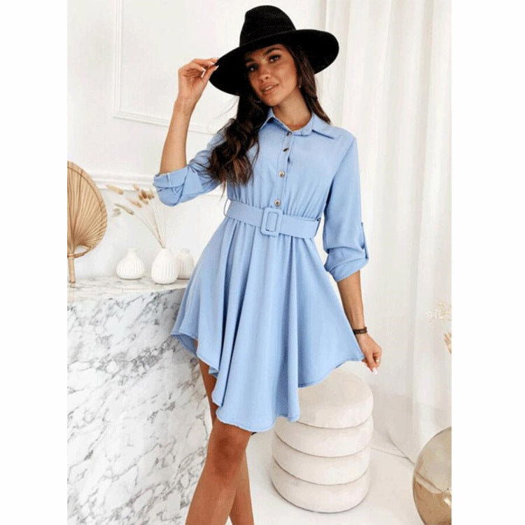 Spring Rolled Sleeves Cinched Blouse Long Sleeve Solid Color Dress