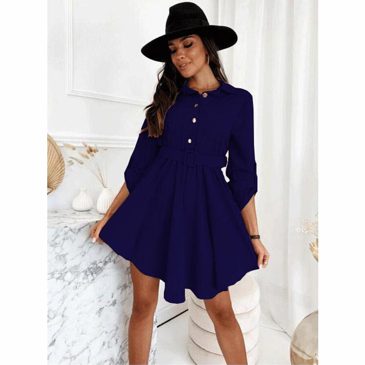 Spring Rolled Sleeves Cinched Blouse Long Sleeve Solid Color Dress