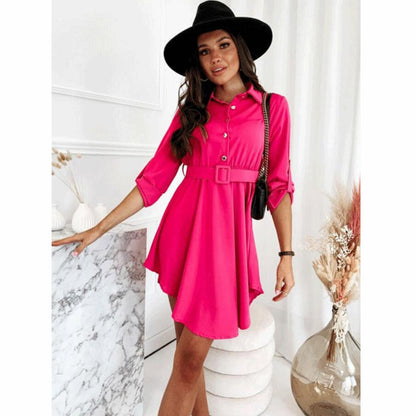 Spring Rolled Sleeves Cinched Blouse Long Sleeve Solid Color Dress