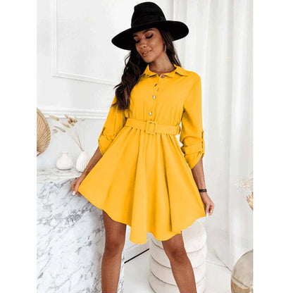 Spring Rolled Sleeves Cinched Blouse Long Sleeve Solid Color Dress