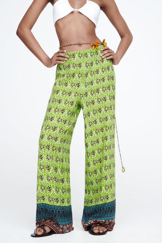 Autumn Retro Elastic Waist Green Printing Straight-Leg Pants Women