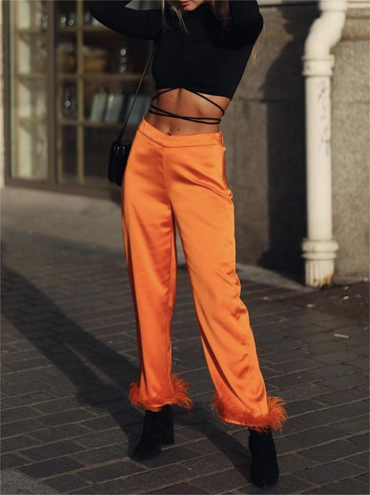 Spring Women Clothing Solid Color Orange Feather Decoration Casual Straight Pants Trousers
