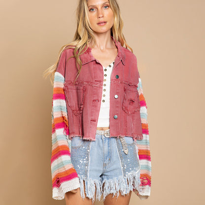 Autumn Winter Popular Women Denim Jacket Rainbow Long Sleeve Splicing Coat