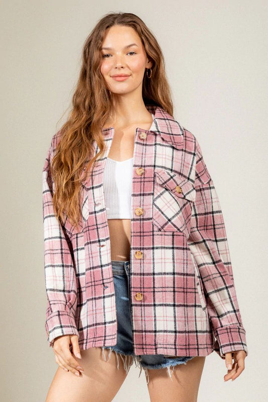 Women Autumn Winter Plaid Jacket Collared Button Pocketed Shirts Coats Shacket Loose Outwear Plaid Coats