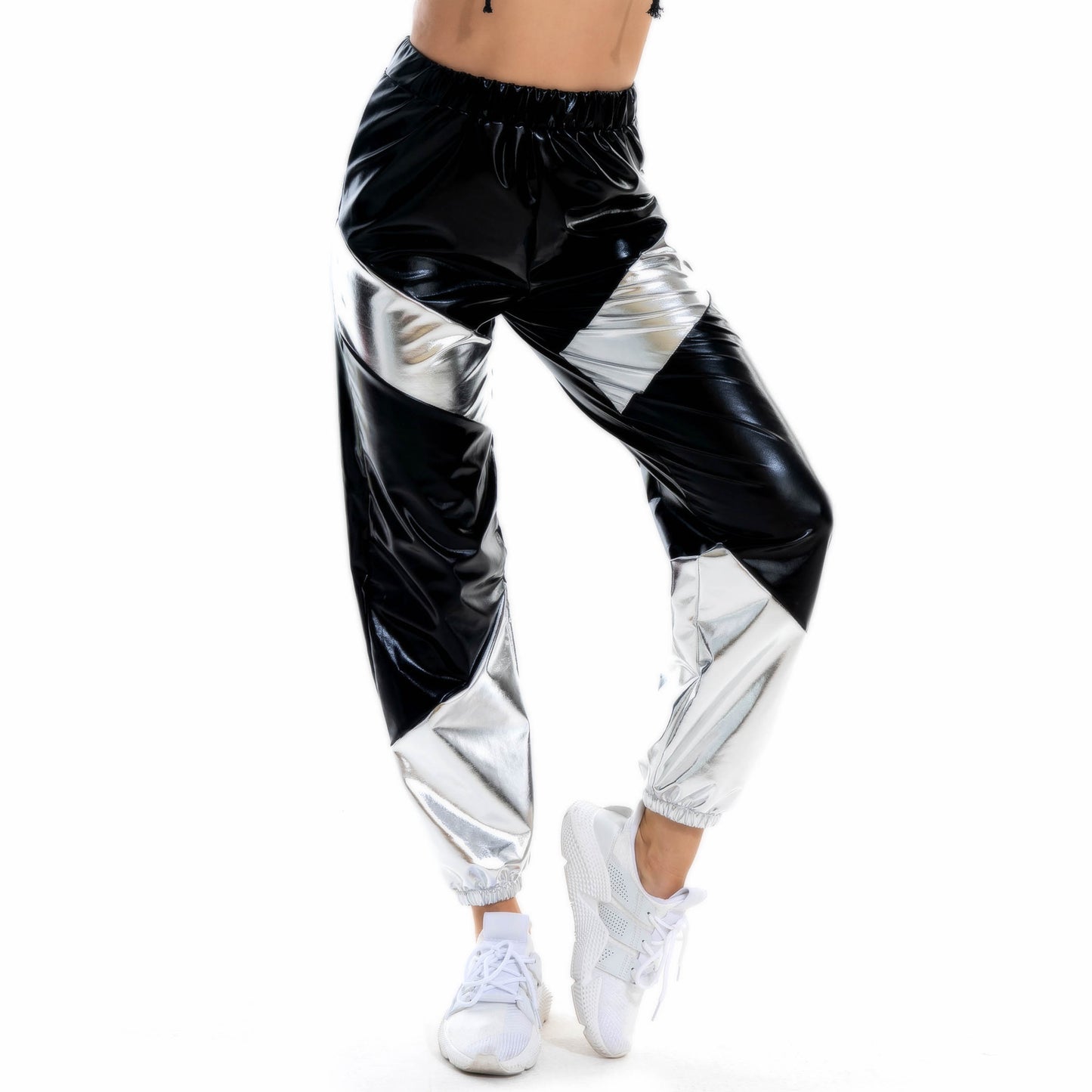 Contrast Color Trousers Women Bronzing Patent Leather Colorful Laser Pocket Loose Women Pants