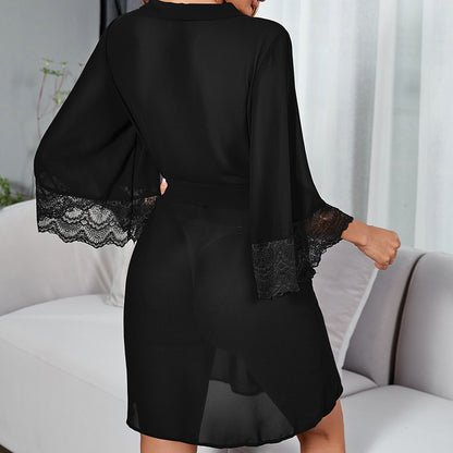 Spring Summer Mesh Long Pajamas See-through Seduction Nightdress Outerwear Gown Home Wear See-through