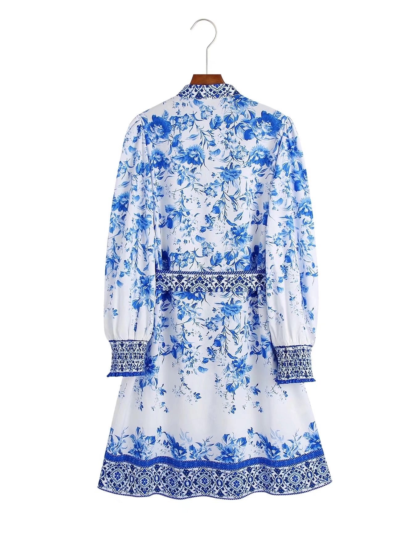 Autumn V-neck Loose Ethnic Print Tied High Waist Long Sleeve Dress