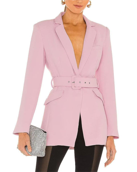 Autumn Elegant Collared Long Sleeve Belt Waisted Pink Small Blazer Women