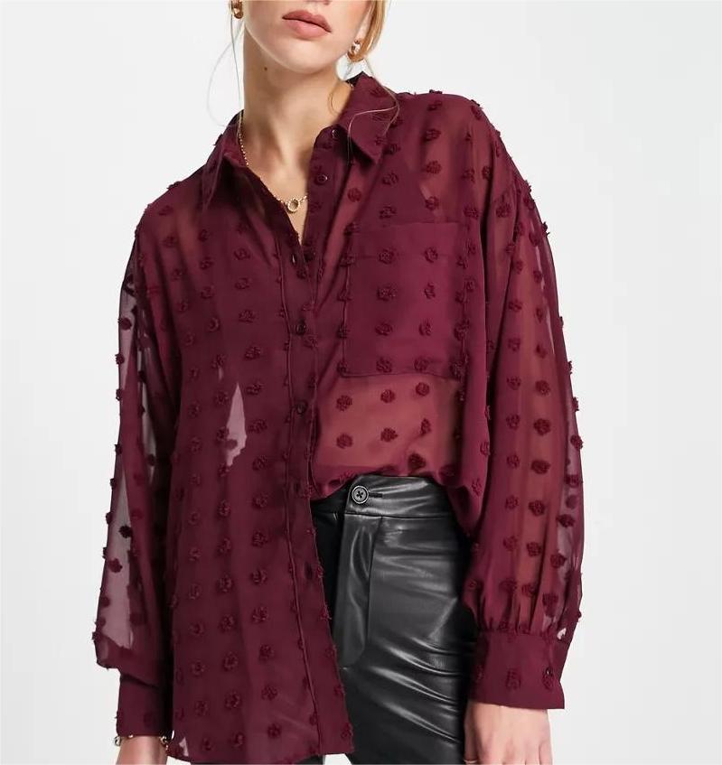 Women Clothing Polo Collar Solid Color Polka Dot Embroidered Long-Sleeved Shirt Top