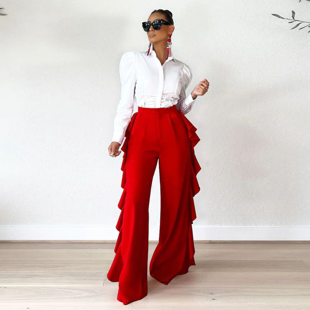 Women Ruffled High Waist Wide Leg Pants