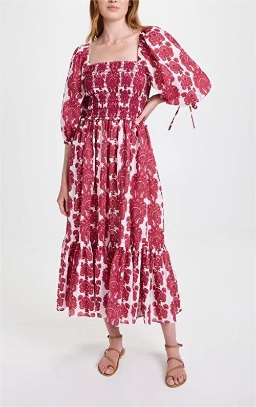 Pastoral Square Collar Printed Dress Fresh Sweet Women Dress Summer Fitted Waist Backless Large Swing Dress