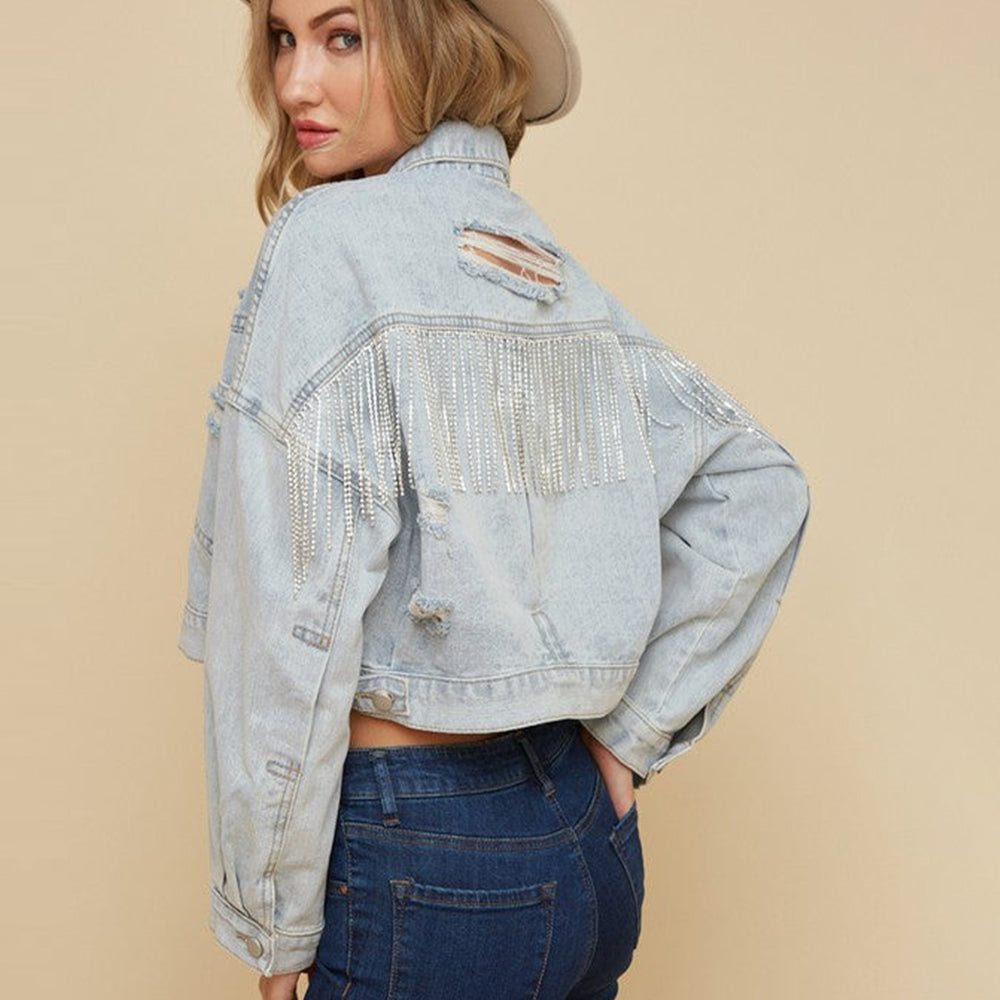 Popular Denim Jacket Autumn Winter Ripped Rhinestone Tassel Denim Jacket