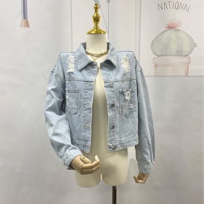 Popular Denim Jacket Autumn Winter Ripped Rhinestone Tassel Denim Jacket