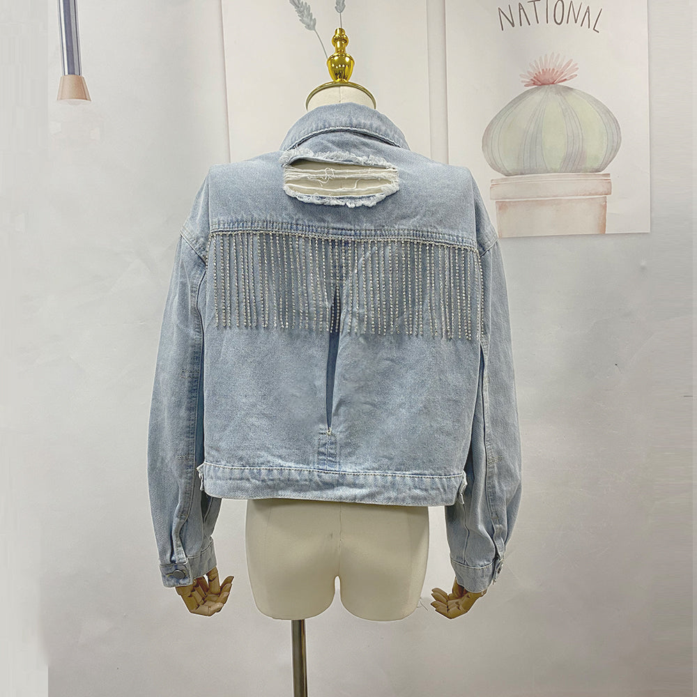 Popular Denim Jacket Autumn Winter Ripped Rhinestone Tassel Denim Jacket