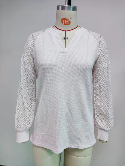Women Clothing Autumn Winter Waffle Lace Stitching Long Sleeve V-neck T-shirt Top For Women