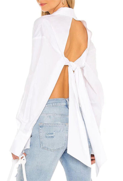 Summer Women Shirt Trendy Slim Fit Sexy Hollow Out Cutout Poplin Backless Knotted Shirt