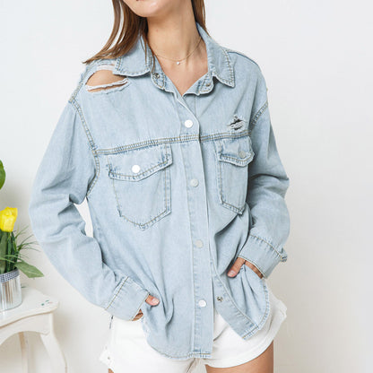 Popular Women Jacket Autumn Winter Long Sleeve Long Ripped Classic Solid Color Denim Jacket