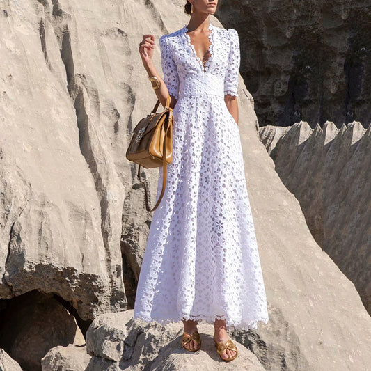 Lady Maxi Dress Summer V neck Tight Waist Crocheted Hollow Out Cutout French Solid Color Wide Hem Dress