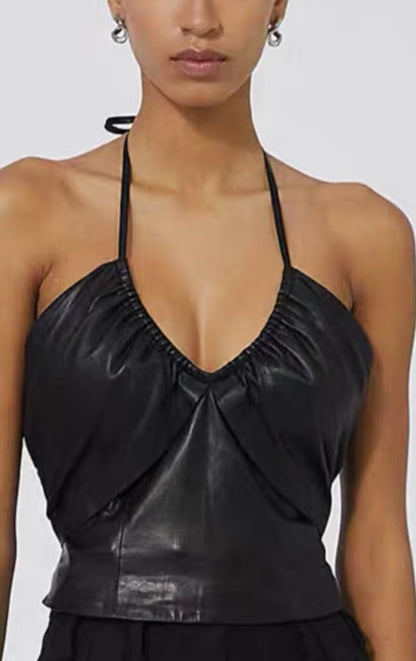 Trendy Sleeveless Zipper Faux Leather Faux Leather Bandeau Sling Top