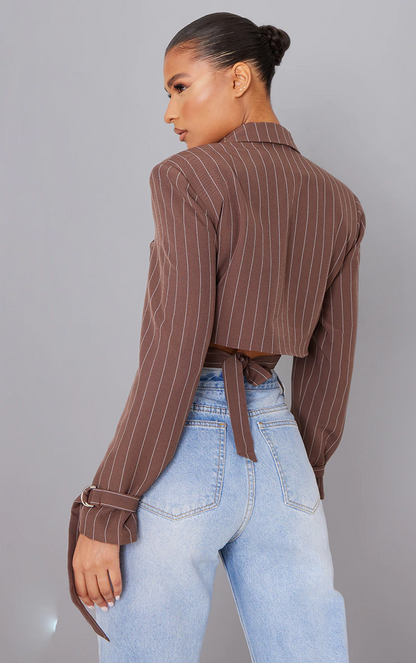 Sexy Short Striped Blazer Women Spring Autumn Retro Brown Lace-up Bare Cropped Slim Fit Small Top