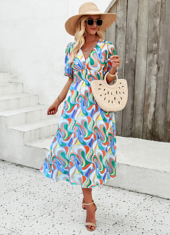 Elegant printed waist V-neck long dress