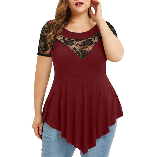 Plus Size Floral Lace Short Sleeve Irregular Hem Women's Top