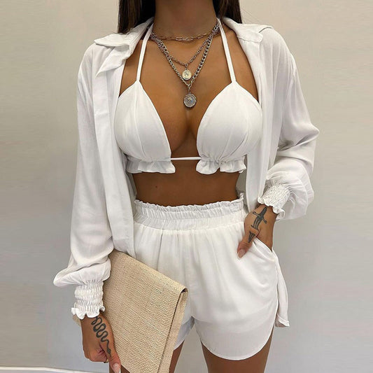 Women's Solid Color Long Sleeve Shirt And A Triangle Bikini And Shorts Three-Piece Set