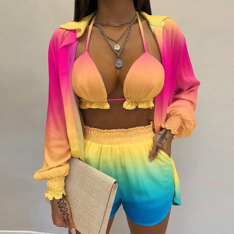 Women's Solid Color Long Sleeve Shirt And A Triangle Bikini And Shorts Three-Piece Set