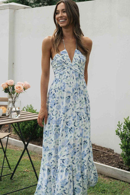 Halter Floral Print Chiffon Maxi Dress