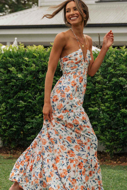 Halter Floral Print Chiffon Maxi Dress