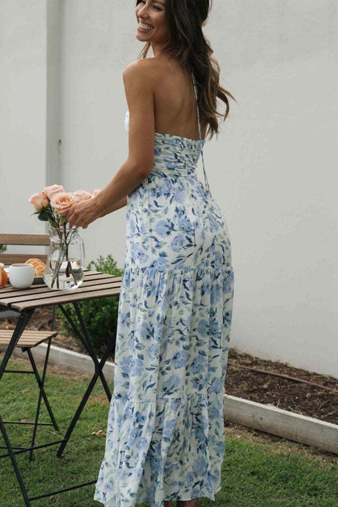 Halter Floral Print Chiffon Maxi Dress