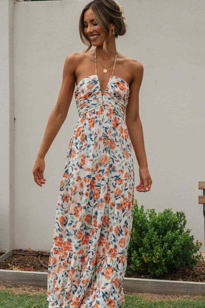 Halter Floral Print Chiffon Maxi Dress