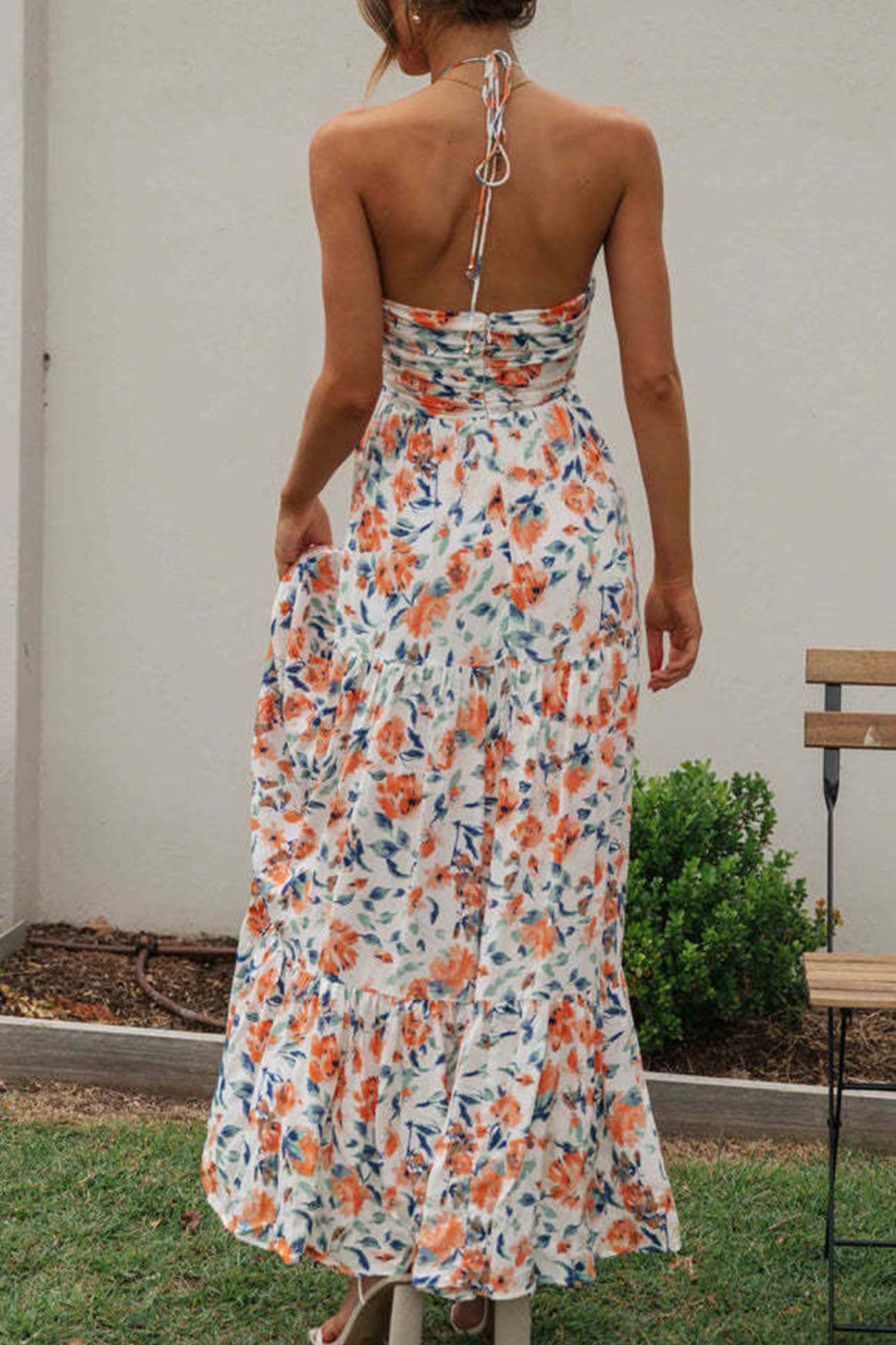 Halter Floral Print Chiffon Maxi Dress