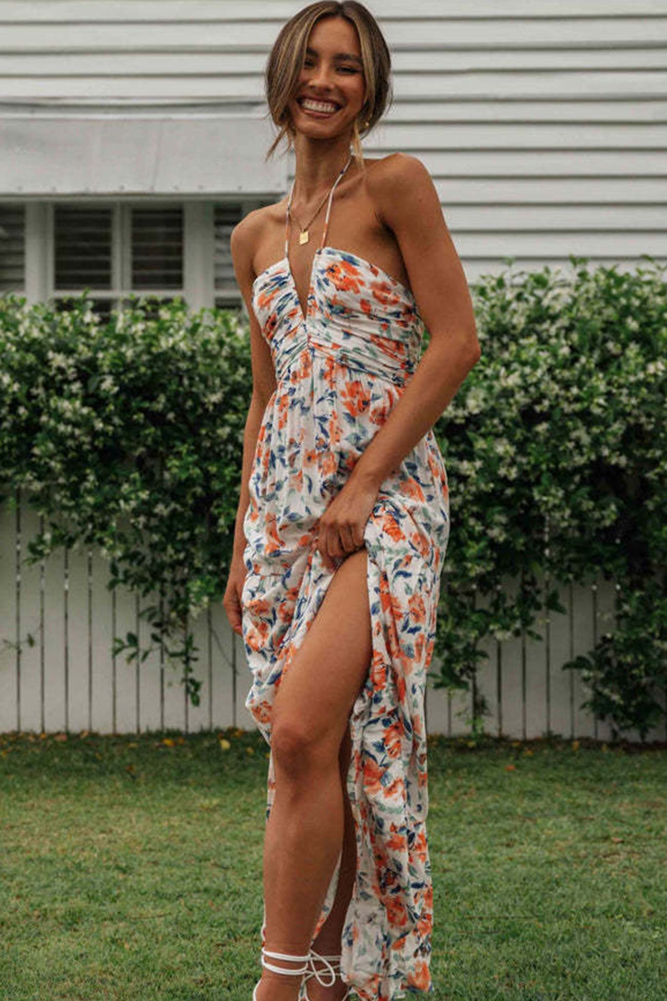 Halter Floral Print Chiffon Maxi Dress