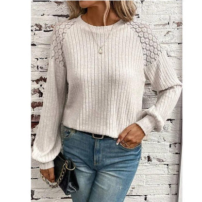 Autumn Comfort Casual Lace Stitching Solid Color Pullover Long Sleeve Top T Shirt Women