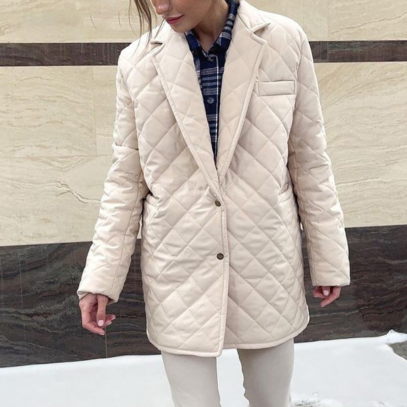 Retro Winter Long Cut Coat Slim Fit Button Pocket  Cotton Padded Coat Mid Length Outerwear