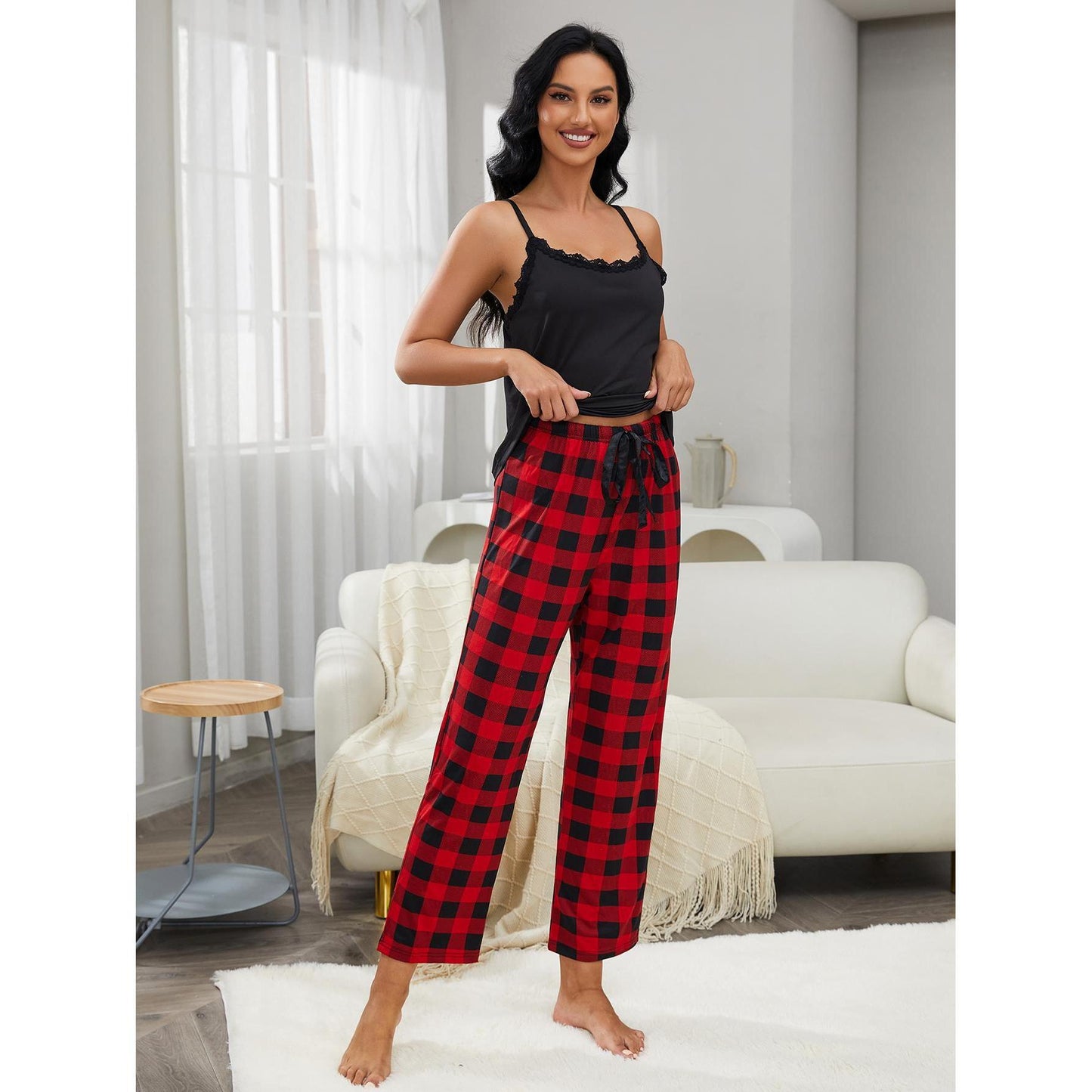 Pajamas Women Summer Suspender Plaid Trousers Home Wear Suit Meike