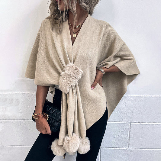 Solid Color Fur Ball Cape Sweater for Women Autumn Winter Women Shawl Knitted Cardigan