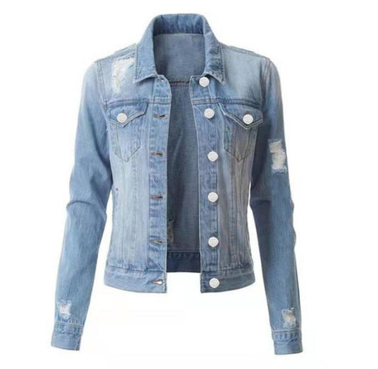 Slim-Fit Ripped Denim Jacket for Women