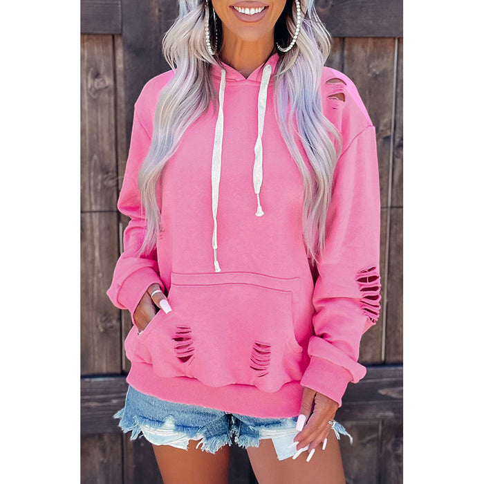 Pink Long Sleeve Hooded  Women Casual All Match Pocket Bottoming Shirt
