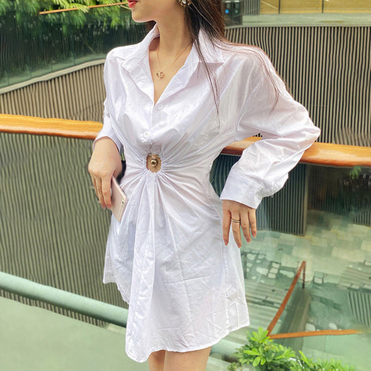 Niche Design Shirt Dress Fresh Thin Looking Cool Pleated Hollow Out Cutout Dress Women